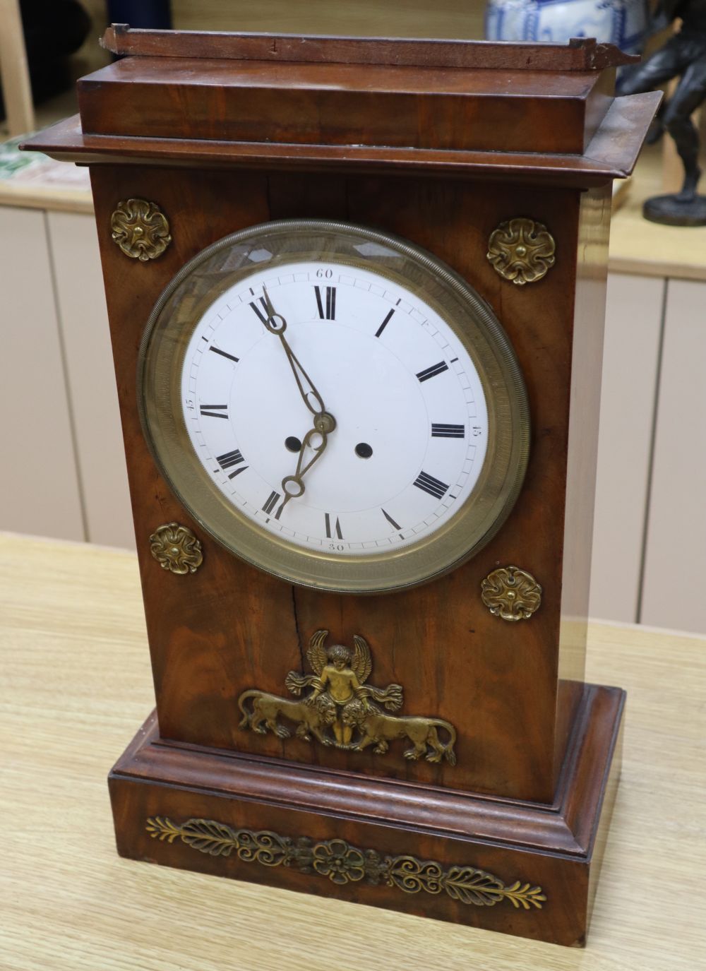 A French mantel clock, convex enamelled dial, Japy Freres bell-striking movement, with gilt brass mounted, height 48cm